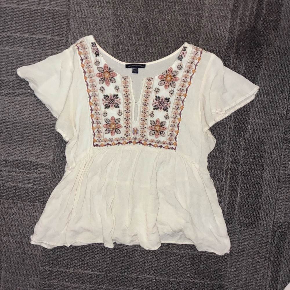 American Eagle Outfitters Floral Embroidered Blouse - Cream and Pink